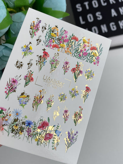 ネイルウォーターデカール CF-188 | ネイルウォーターデカール | ゴールデンアクセント付きワイルドフラワーブーケ