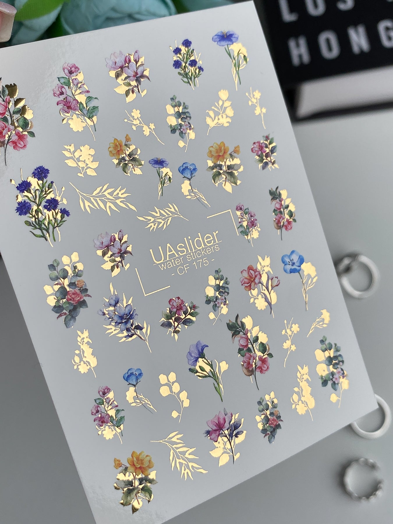 Nail Water Decal CF-175 | Mini Floral Bouquet Nail Water Decals | Wildflowers & Golden Accents - UASLIDER