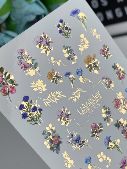 Nail Water Decal CF-175 | Mini Floral Bouquet Nail Water Decals | Wildflowers & Golden Accents