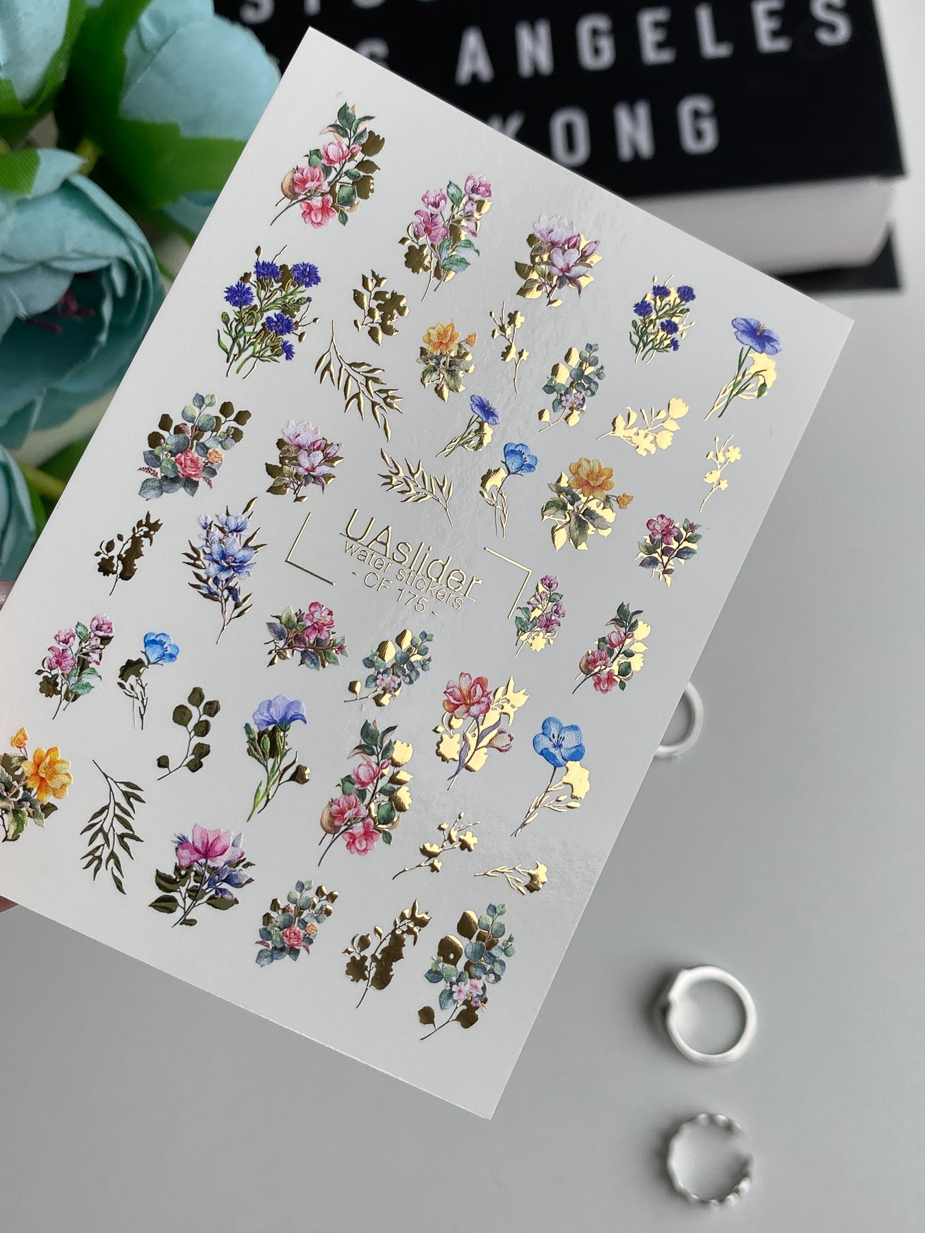Nail Water Decal CF-175 | Mini Floral Bouquet Nail Water Decals | Wildflowers & Golden Accents - UASLIDER