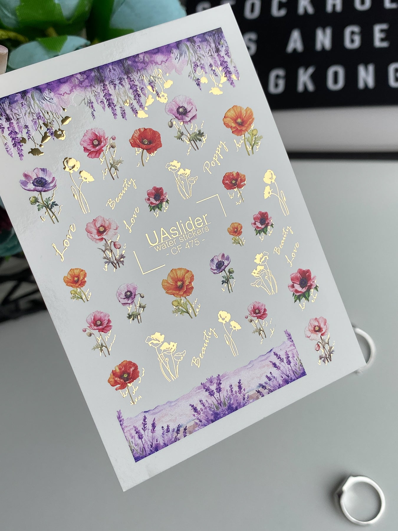 Nail Water Decal CF-475 | Poppy Nail Decals | Colorful Floral Stickers with Gold Accents