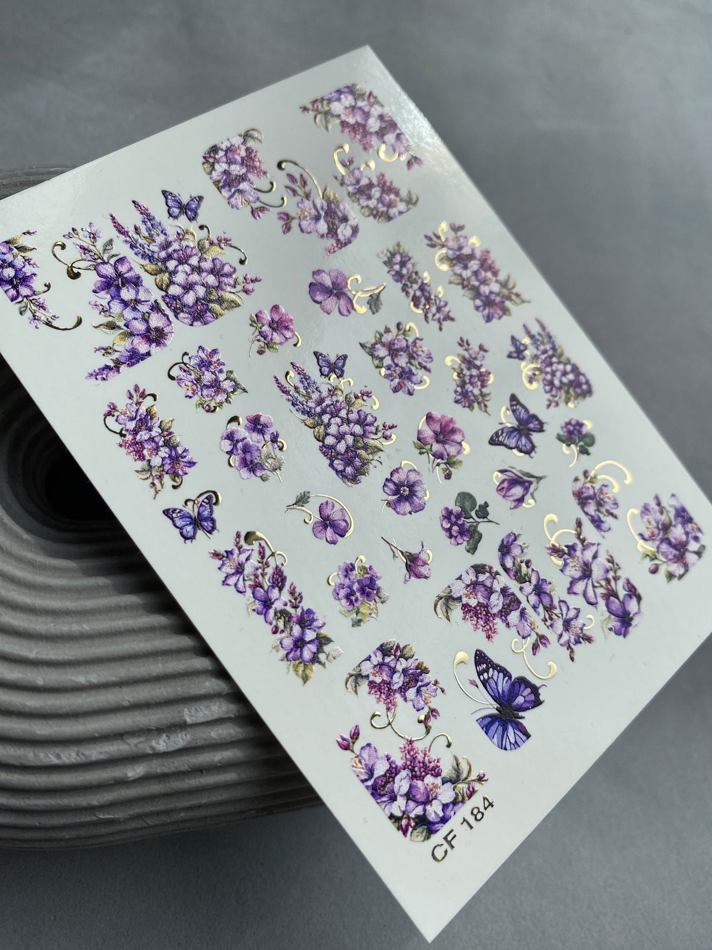 Nail Water Decal CF-184 | Nail Water Decals | Purple Flowers & Butterflies with Gold Accents