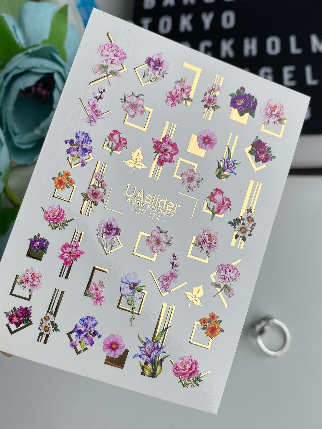 Nail Water Decal CF-174 | Elegant Floral Nail Water Decals | Peonies, Orchids & Geometric Frames