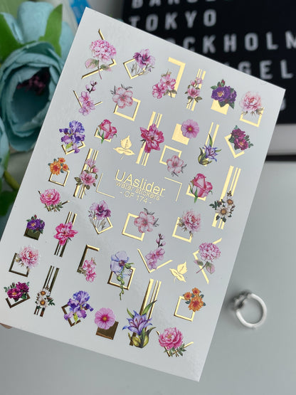 Nail Water Decal CF-174 | Elegant Floral Nail Water Decals | Peonies, Orchids & Geometric Frames