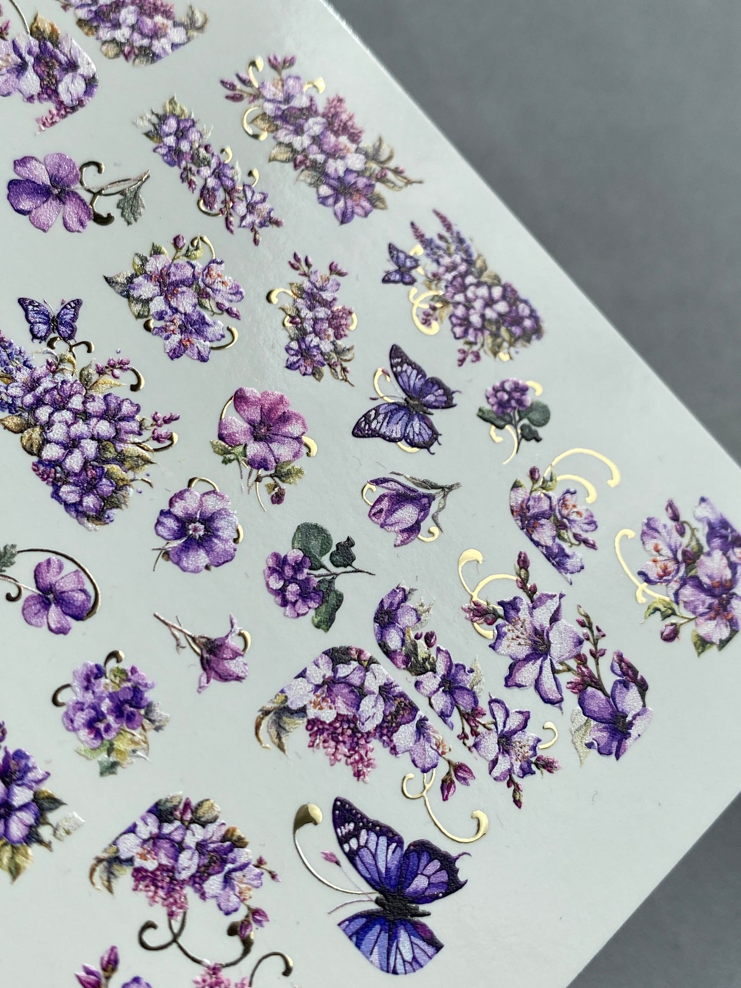 Nail Water Decal CF-184 | Nail Water Decals | Purple Flowers & Butterflies with Gold Accents