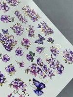 Nail Water Decal CF-184 | Nail Water Decals | Purple Flowers & Butterflies with Gold Accents - UASLIDER