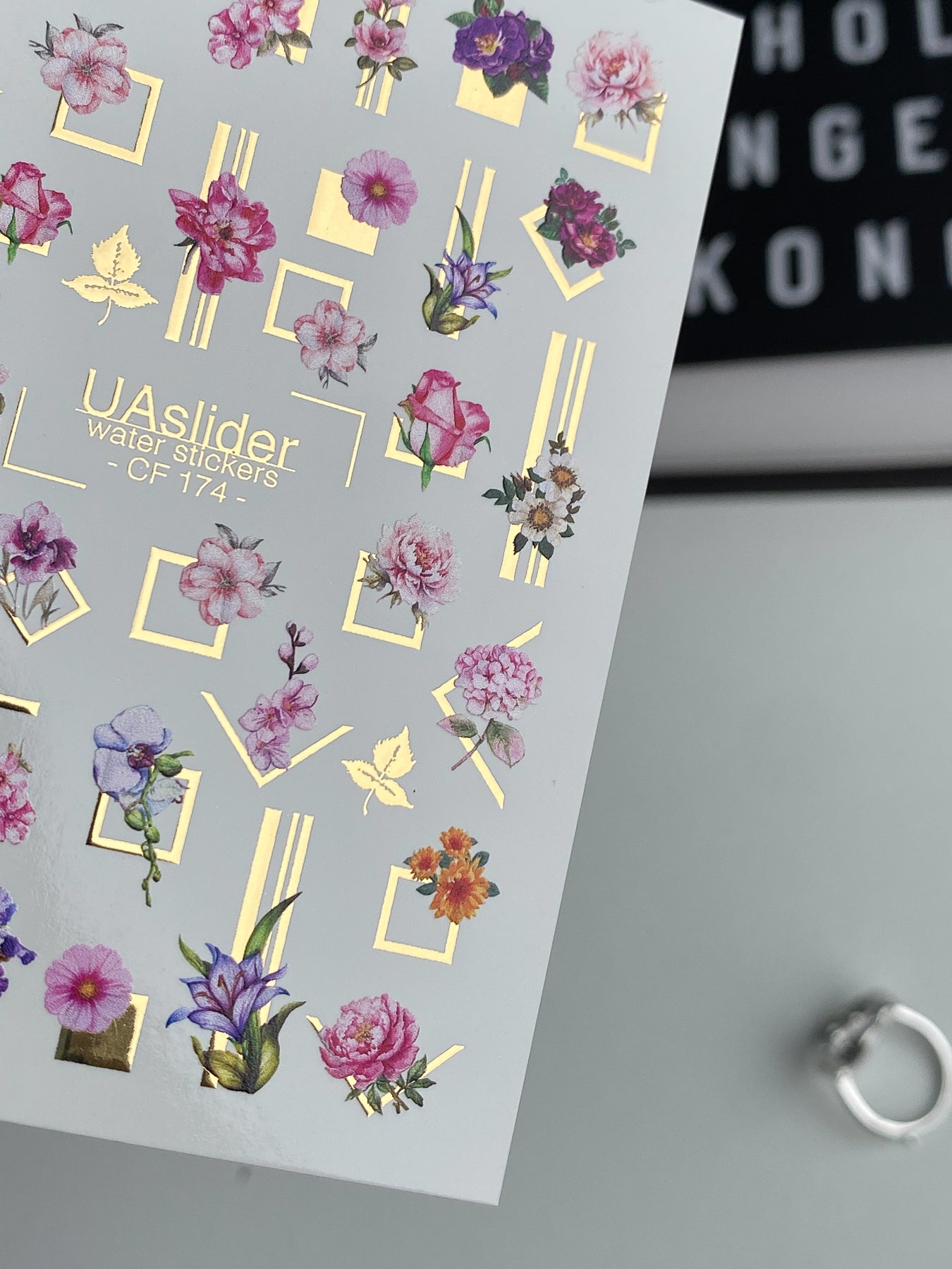 Nail Water Decal CF-174 | Elegant Floral Nail Water Decals | Peonies, Orchids & Geometric Frames