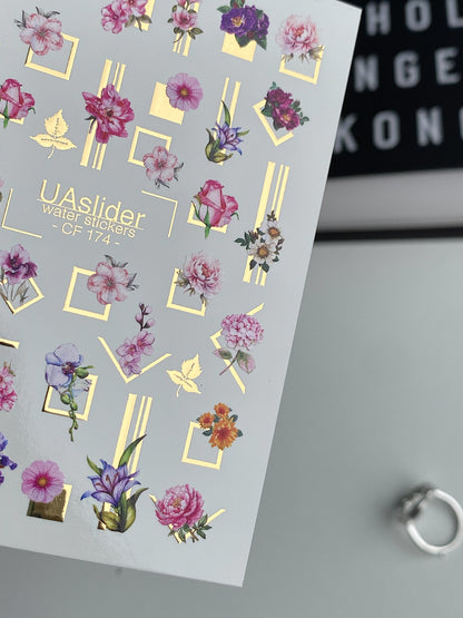Nail Water Decal CF-174 | Elegant Floral Nail Water Decals | Peonies, Orchids & Geometric Frames