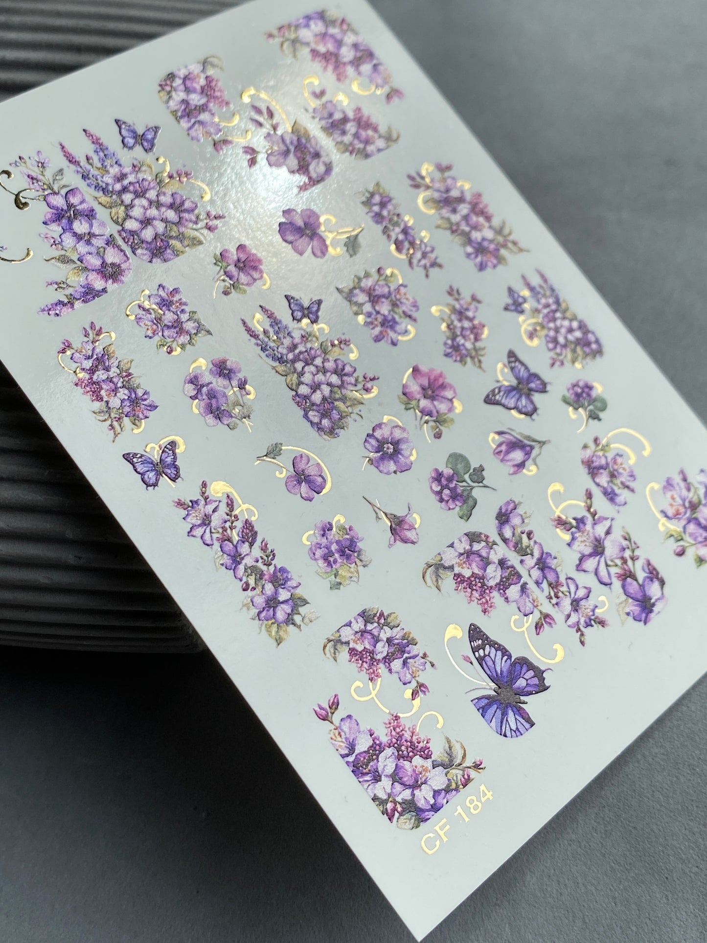 Nail Water Decal CF-184 | Nail Water Decals | Purple Flowers & Butterflies with Gold Accents