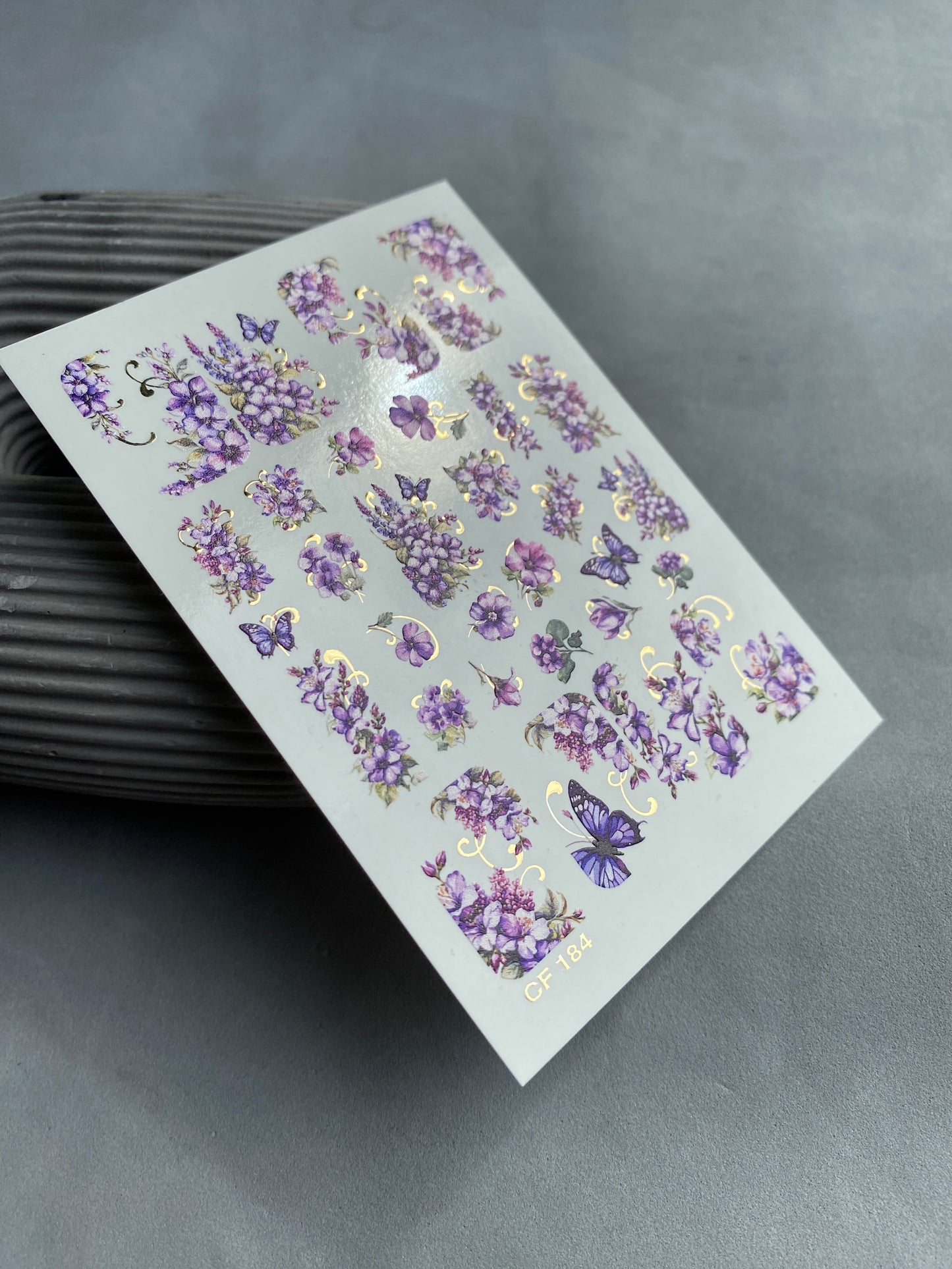 Nail Water Decal CF-184 | Nail Water Decals | Purple Flowers & Butterflies with Gold Accents