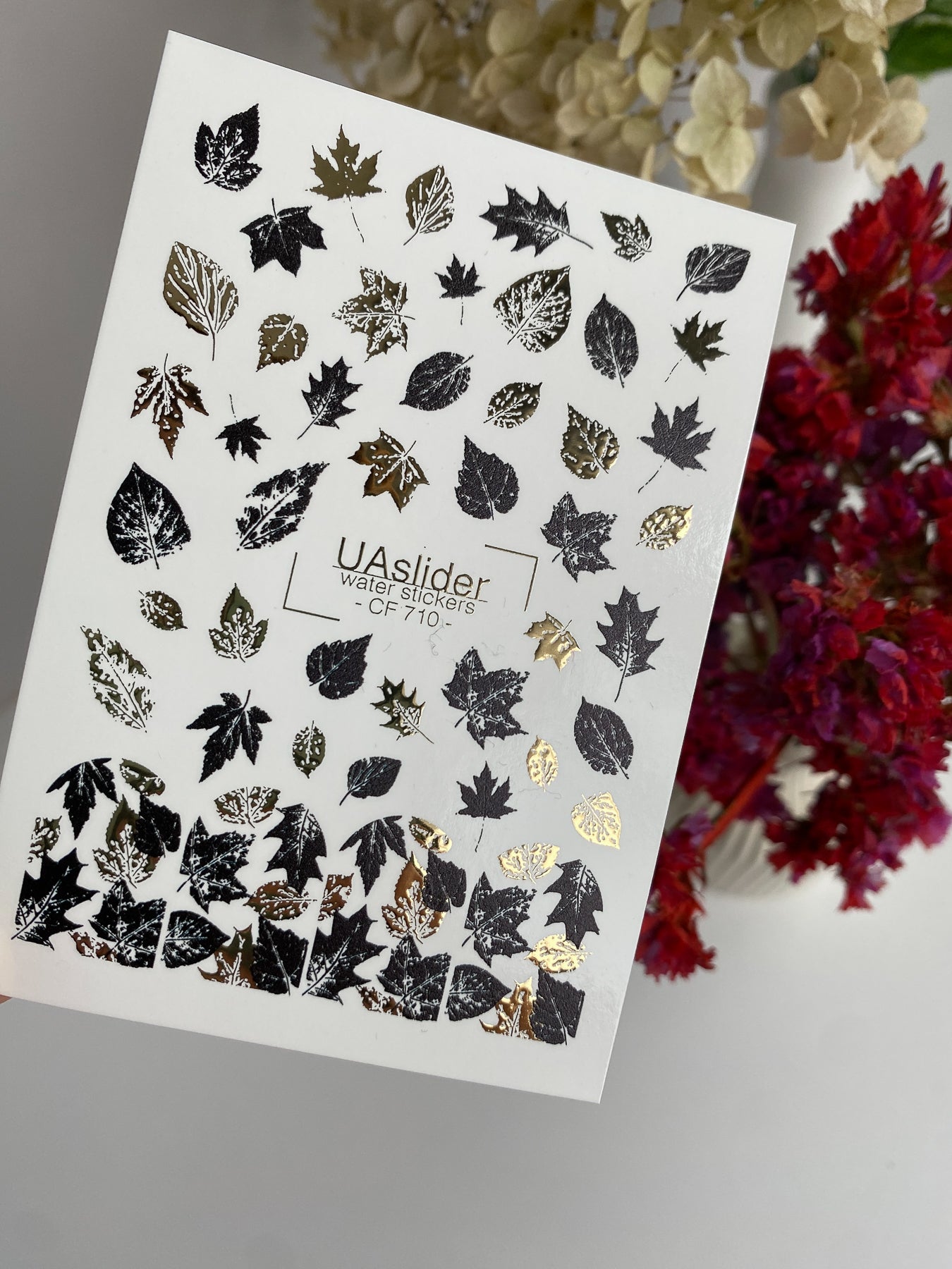 Nail Water Decal CF-710 | Water Slide Nail Decals | Black and Gold Autumn Leaves