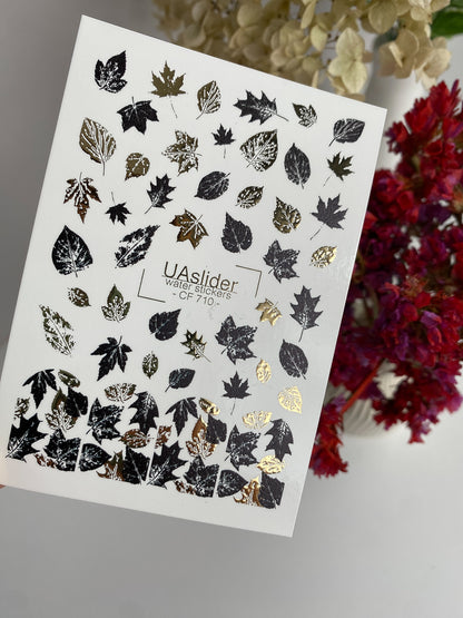Nail Water Decal CF-710 | Water Slide Nail Decals | Black and Gold Autumn Leaves