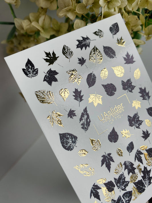 Nail Water Decal CF-710 | Water Slide Nail Decals | Black and Gold Autumn Leaves