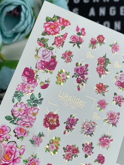 Calcomanía de Agua para Uñas CF-187 | Calcomanías de Agua para Uñas | Jardín de Rosas Rosadas con Acentos Dorados