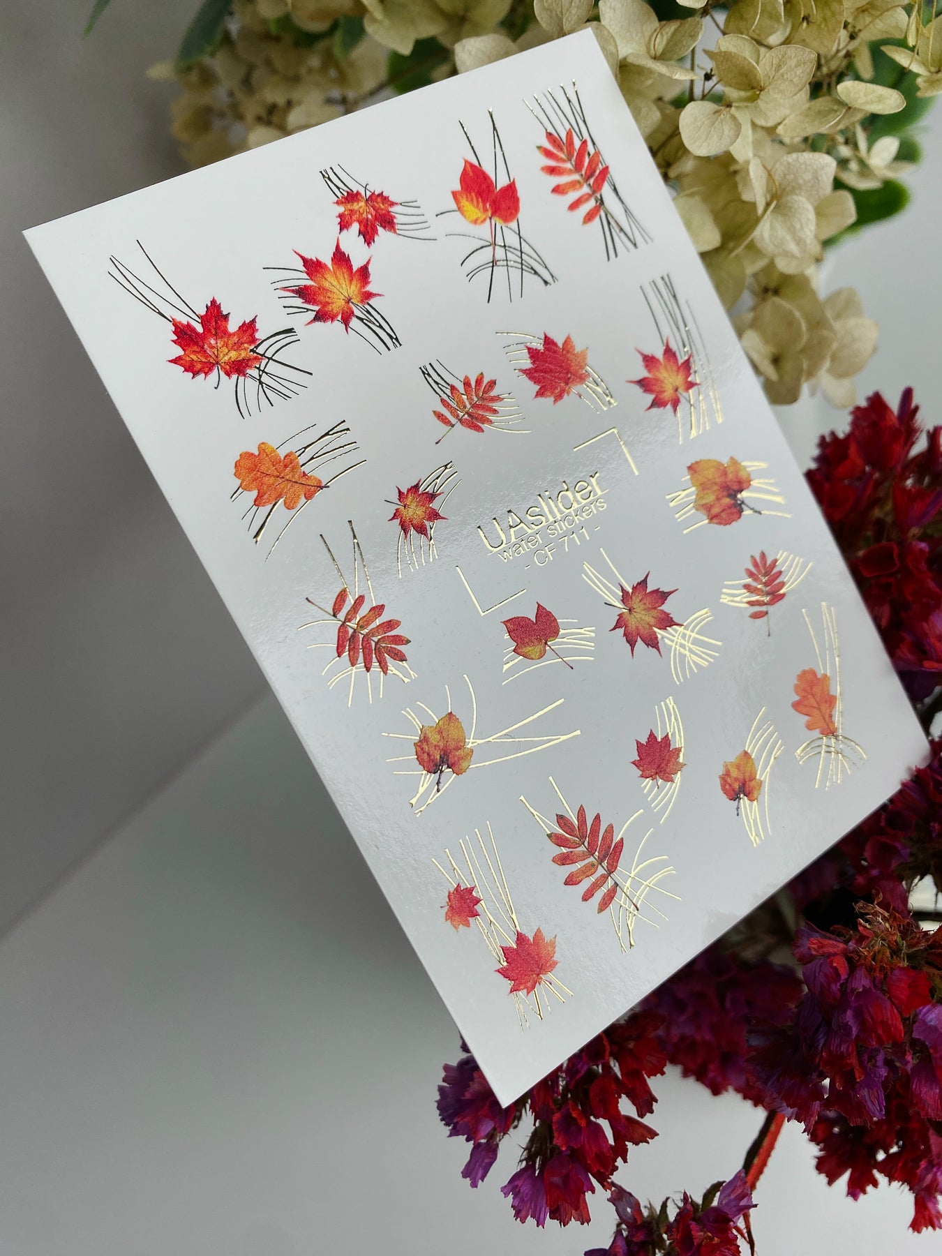 Nail Water Decal CF-711 | Water Slide Nail Decals | Autumn Red Leaves with Gold Accents