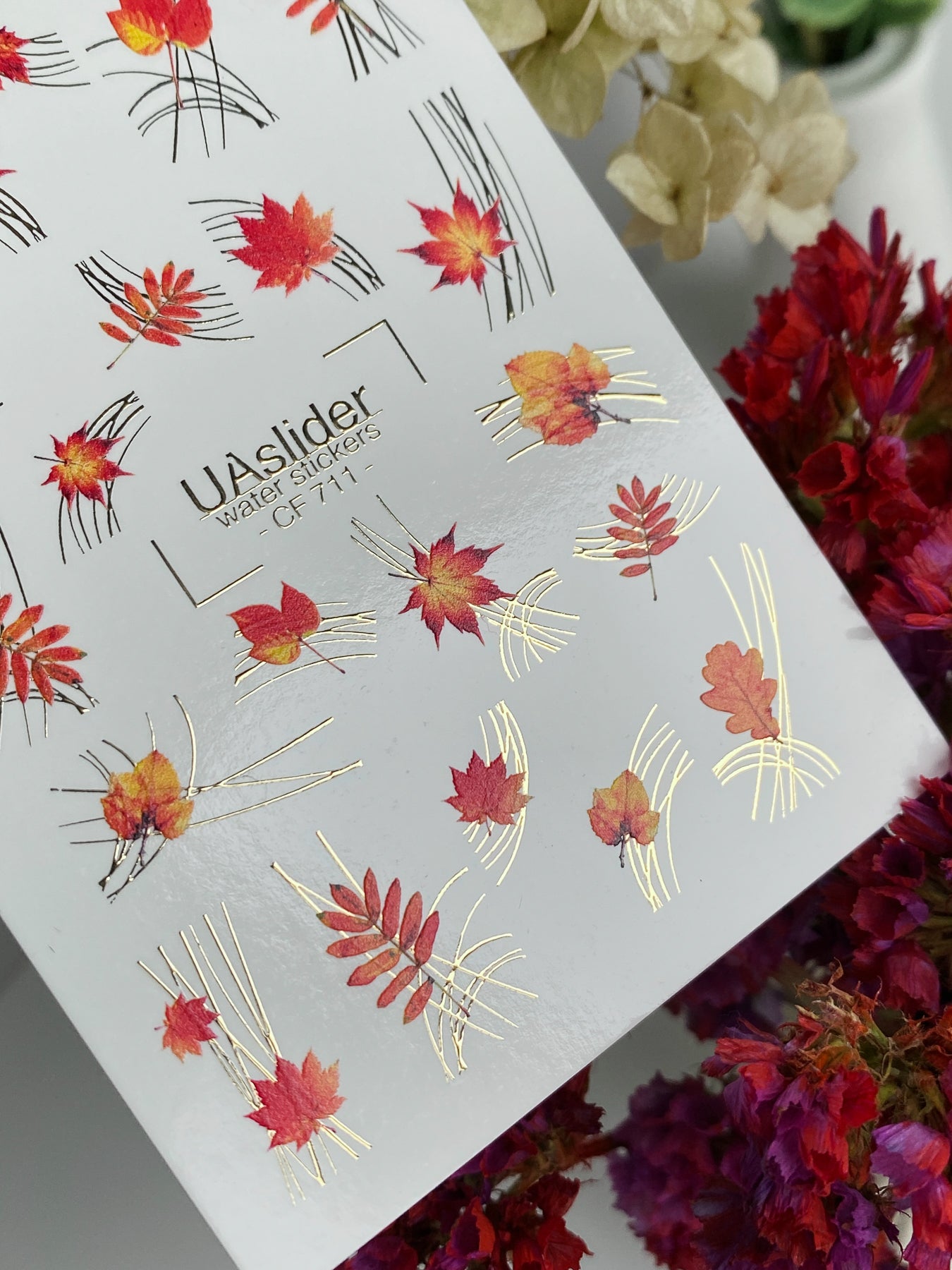 Nail Water Decal CF-711 | Water Slide Nail Decals | Autumn Red Leaves with Gold Accents