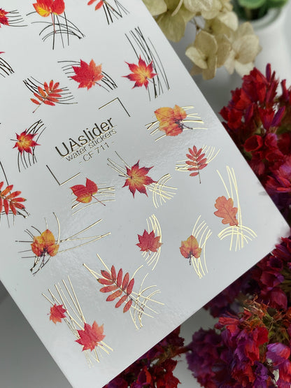 Nail Water Decal CF-711 | Water Slide Nail Decals | Autumn Red Leaves with Gold Accents