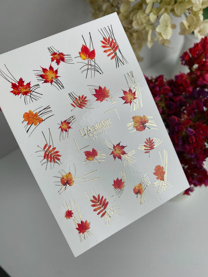 Nail Water Decal CF-711 | Water Slide Nail Decals | Autumn Red Leaves with Gold Accents