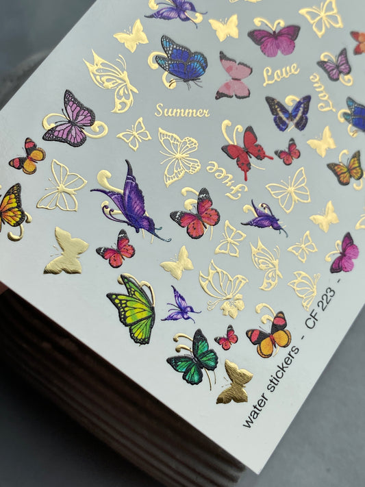 Nail Water Decal CF-223 | Butterfly Water Slide Nail Decals | Colorful Wings & Gold Foil