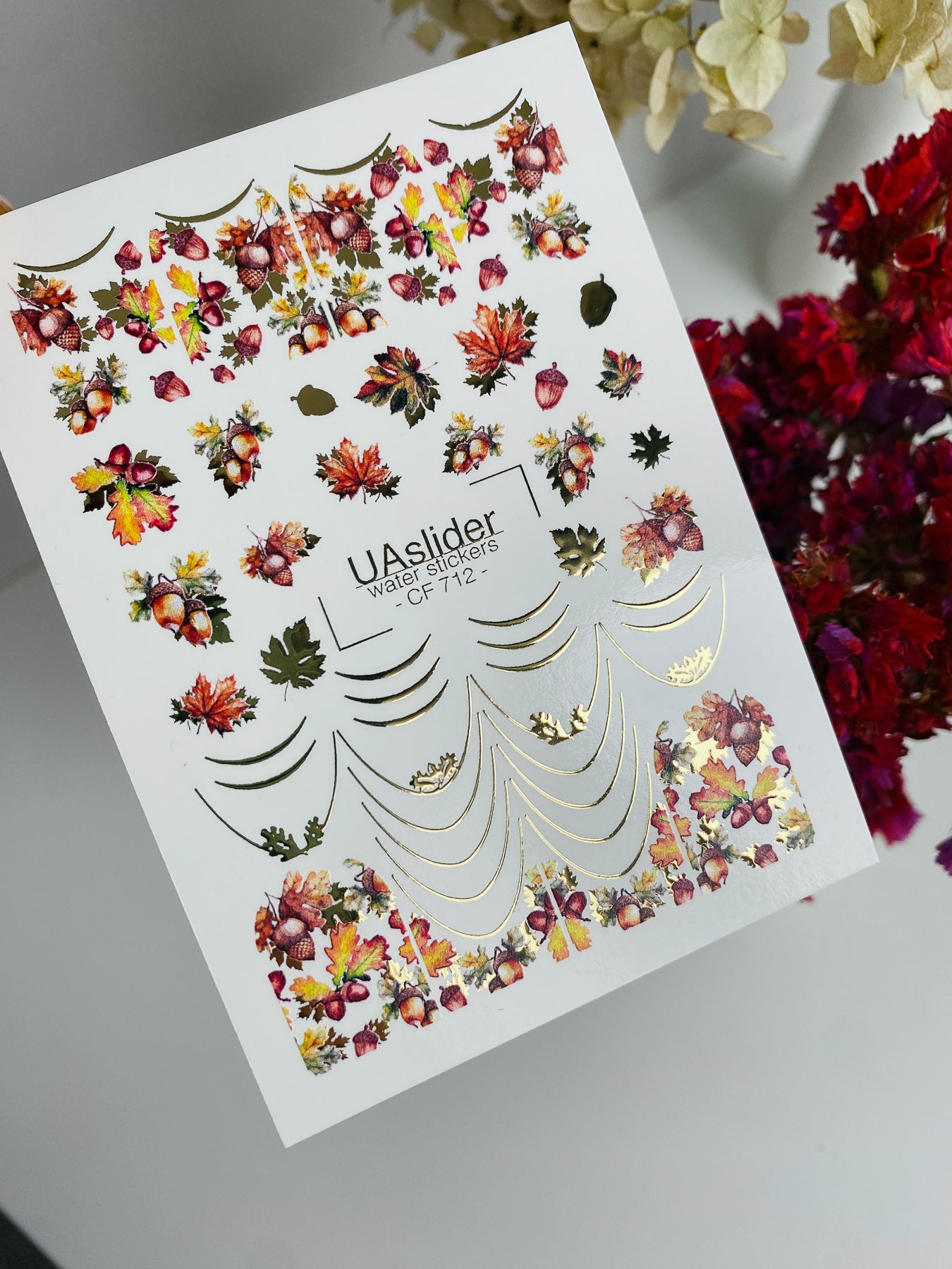Nail Water Decal CF-712 | Water Slide Nail Decals | Autumn Leaves and Acorns with Gold Accents