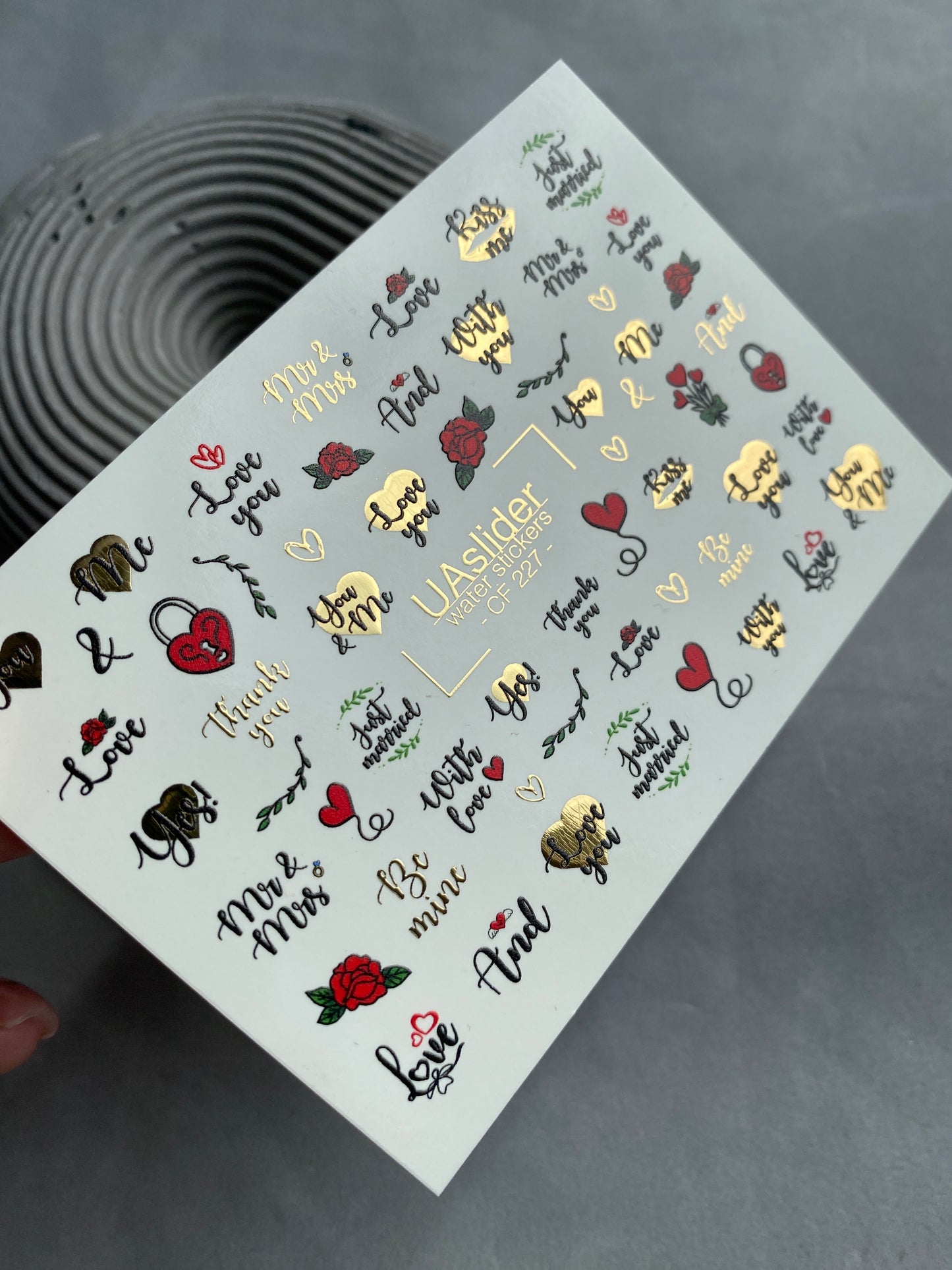 Naklejka na paznokcie CF-227 | Romantyczne naklejki wodne na paznokcie | Cytaty o miłości, róże i złote serca