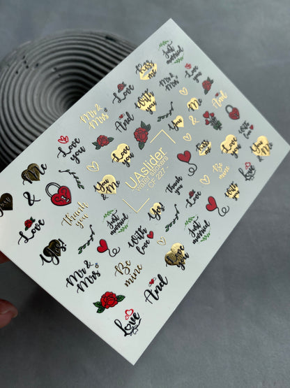 Naklejka na paznokcie CF-227 | Romantyczne naklejki wodne na paznokcie | Cytaty o miłości, róże i złote serca