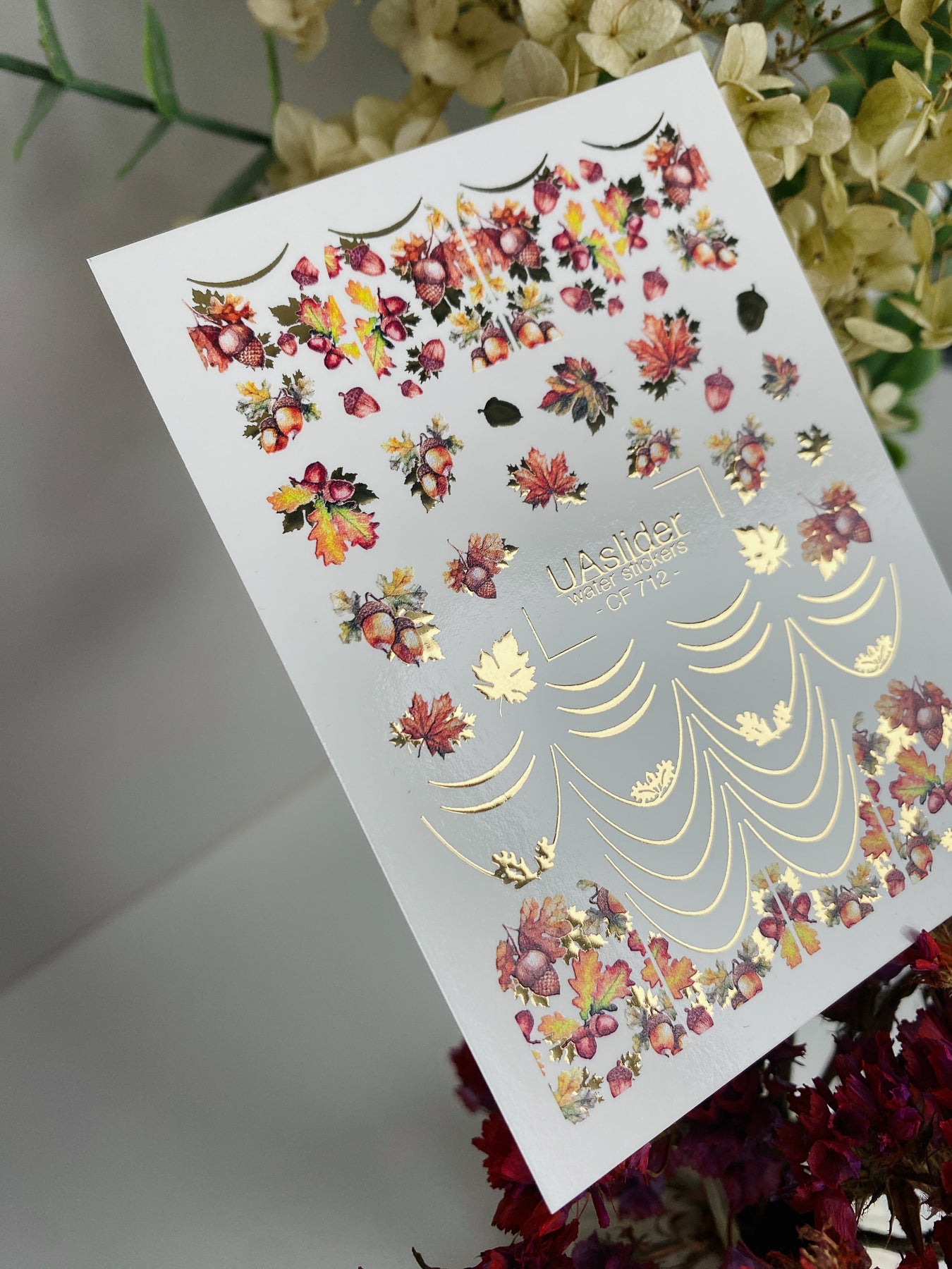 Nail Water Decal CF-712 | Water Slide Nail Decals | Autumn Leaves and Acorns with Gold Accents