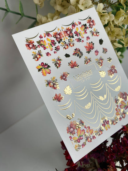 Nail Water Decal CF-712 | Water Slide Nail Decals | Autumn Leaves and Acorns with Gold Accents
