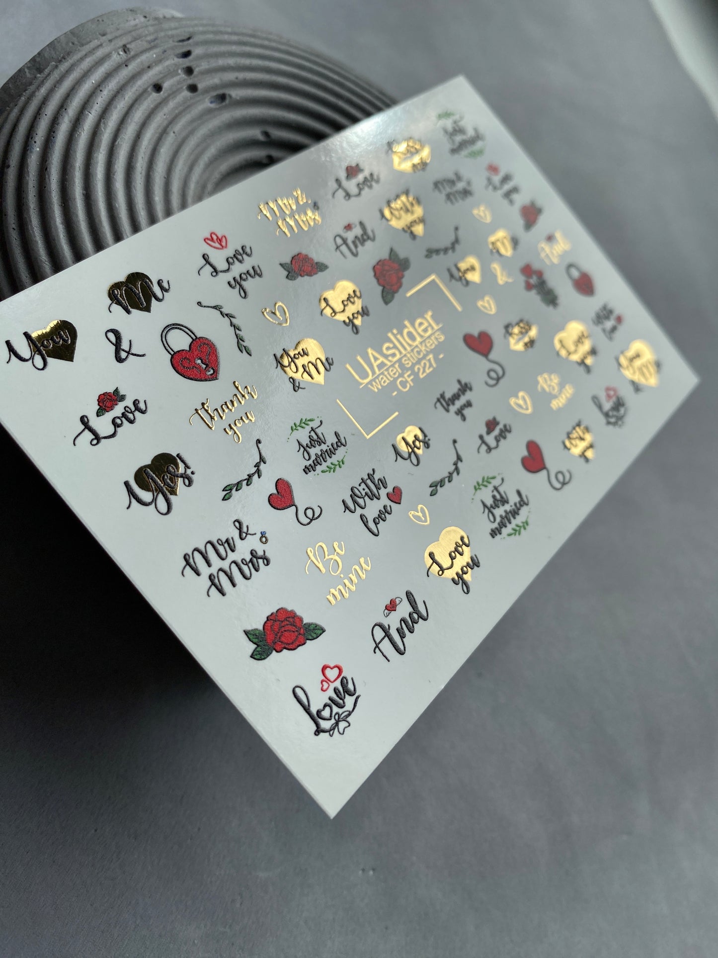 Naklejka na paznokcie CF-227 | Romantyczne naklejki wodne na paznokcie | Cytaty o miłości, róże i złote serca