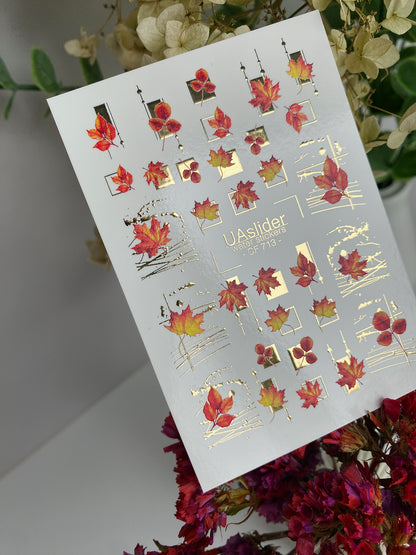 Nail Water Decal CF-713 | Water Slide Nail Decals | Autumn Maple Leaves with Gold Geometric Accents