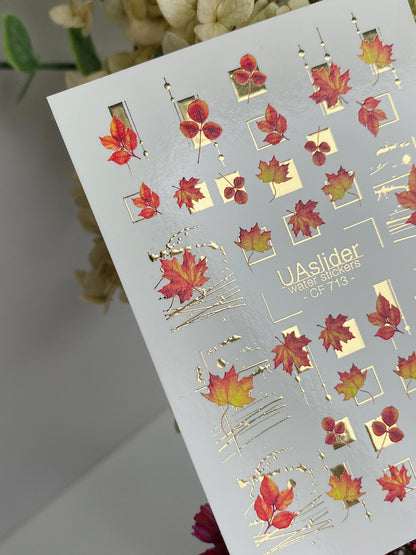 Nail Water Decal CF-713 | Water Slide Nail Decals | Autumn Maple Leaves with Gold Geometric Accents