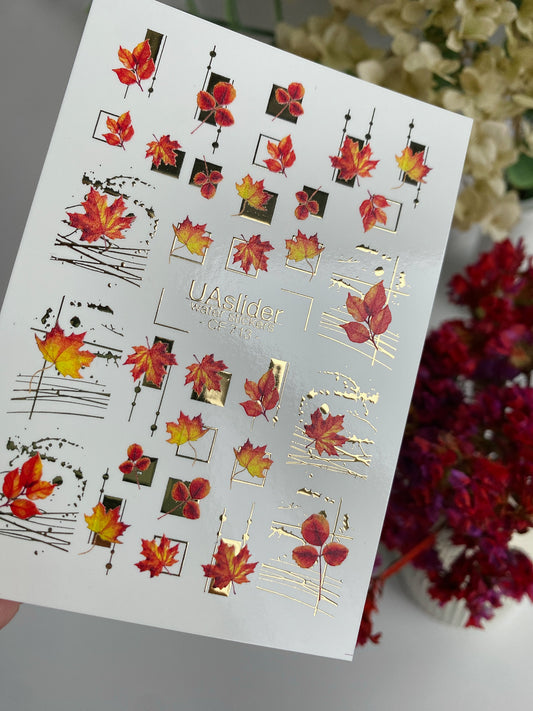 Nail Water Decal CF-713 | Water Slide Nail Decals | Autumn Maple Leaves with Gold Geometric Accents