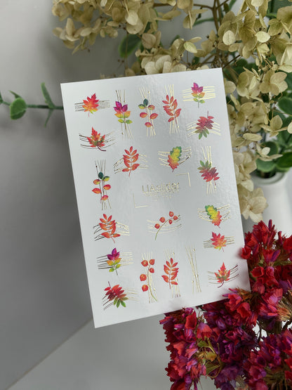 Nail Water Decal CF-714 | Water Slide Nail Decals | Autumn Leaves and Branches with Gold Lines