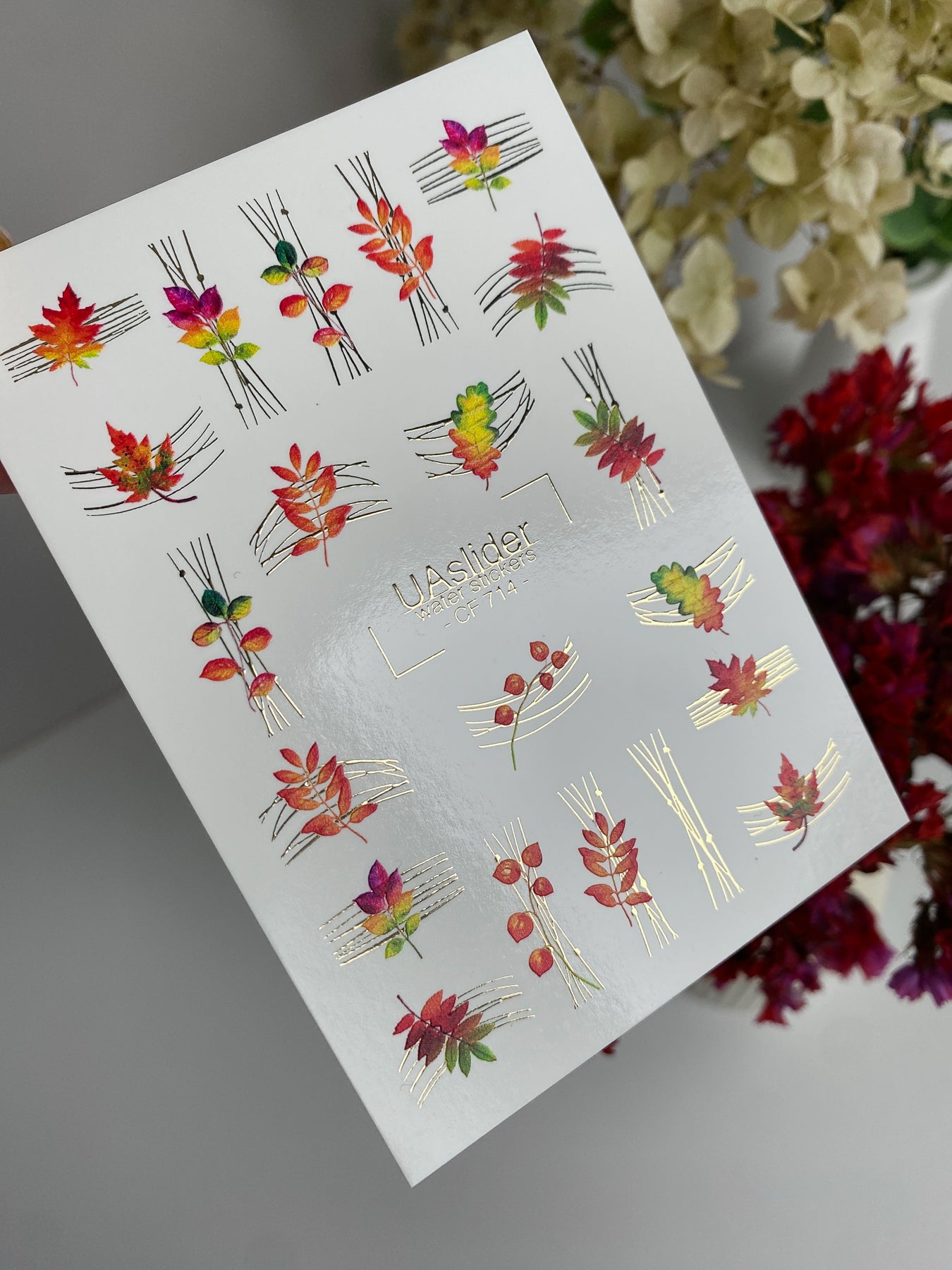 Nail Water Decal CF-714 | Water Slide Nail Decals | Autumn Leaves and Branches with Gold Lines