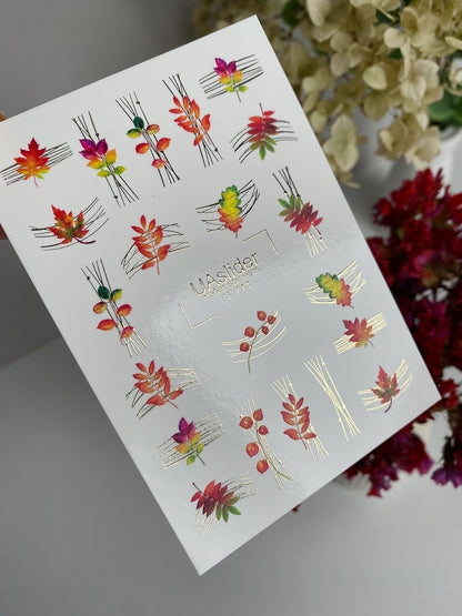 Nail Water Decal CF-714 | Water Slide Nail Decals | Autumn Leaves and Branches with Gold Lines