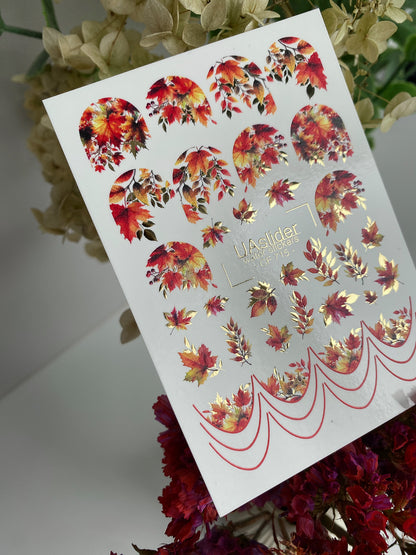Nail Water Decal CF-715 | Water Slide Nail Decals | Autumn Leaves with Red and Gold Accents