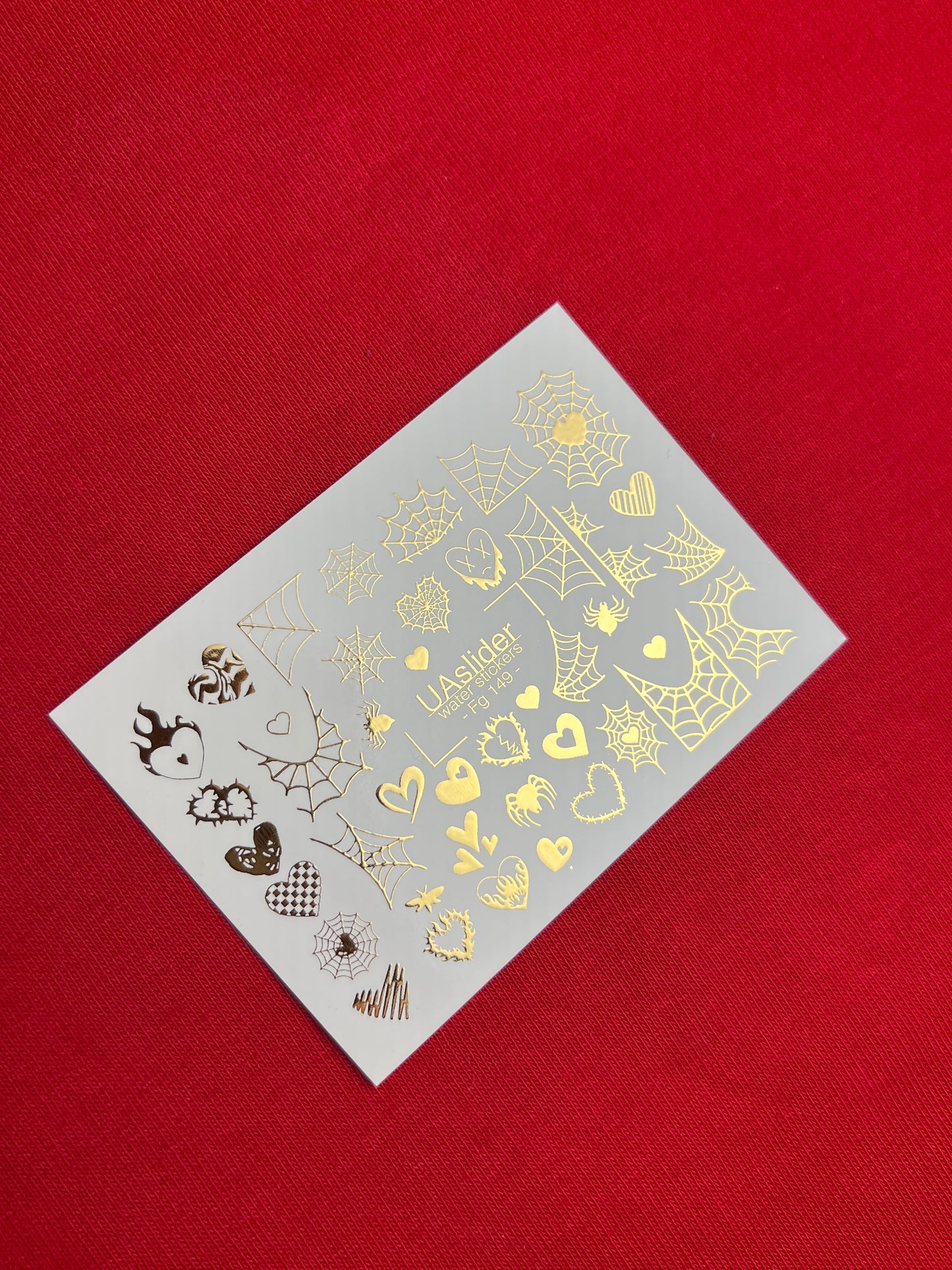 Nálepky na nehty Fg-149 | Vodní nálepky na nehty se zlatými pavučinami a srdíčky | Gotický halloweenský nail art