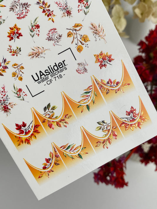 Nail Water Decal CF-718 | Water Slide Nail Decals | Autumn Floral Leaves with Golden Gradient French