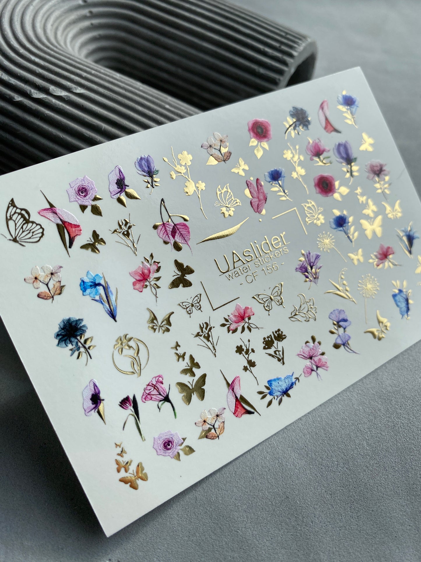 Nail Water Decal CF-156 | Delicate Floral Water Slide Nail Decals | Pink & Blue Flowers with Gold Foil Butterflies