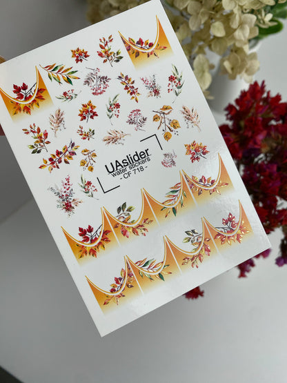Naklejki na paznokcie wodne CF-718 | Naklejki do paznokci do zmywania wodą | Jesienne kwiatowe liście ze złotym gradientem francuskim