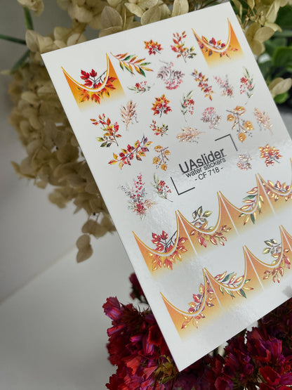 Naklejki na paznokcie wodne CF-718 | Naklejki do paznokci do zmywania wodą | Jesienne kwiatowe liście ze złotym gradientem francuskim