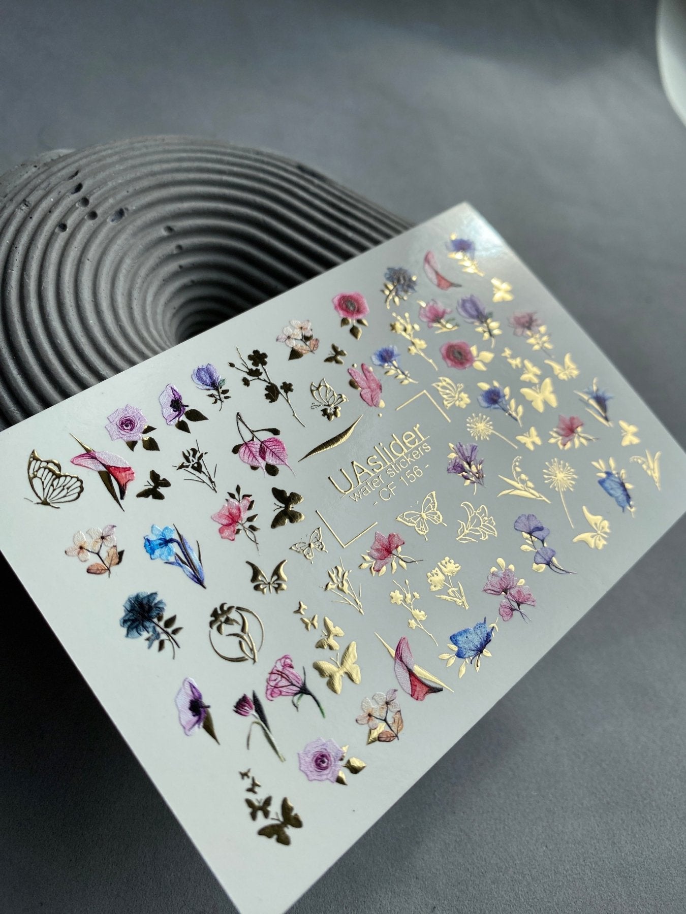 Nail Water Decal CF-156 | Delicate Floral Water Slide Nail Decals | Pink & Blue Flowers with Gold Foil Butterflies - UASLIDER