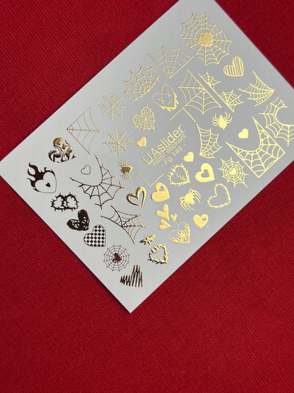 Nálepky na nehty Fg-149 | Vodní nálepky na nehty se zlatými pavučinami a srdíčky | Gotický halloweenský nail art