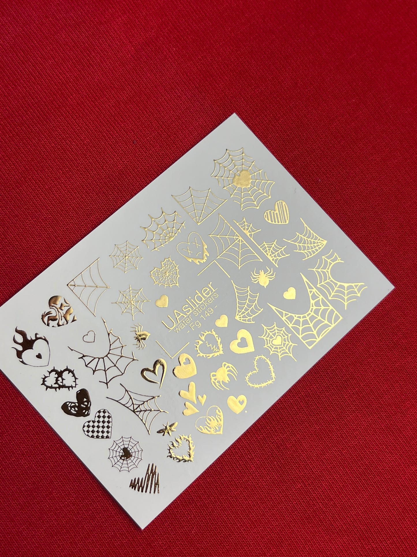 Nálepky na nehty Fg-149 | Vodní nálepky na nehty se zlatými pavučinami a srdíčky | Gotický halloweenský nail art