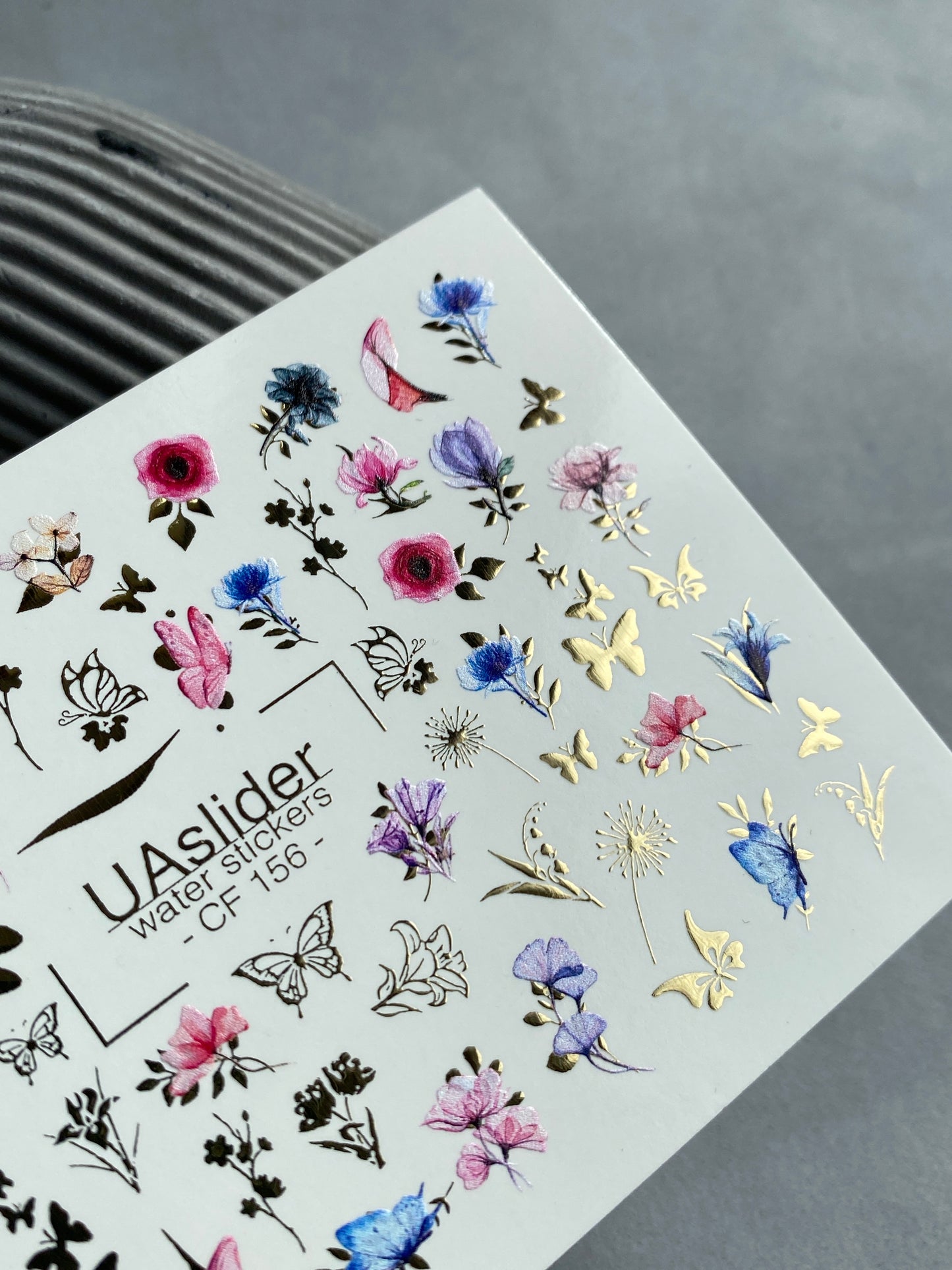 Nail Water Decal CF-156 | Delicate Floral Water Slide Nail Decals | Pink & Blue Flowers with Gold Foil Butterflies