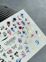 Nail Water Decal CF-156 | Delicate Floral Water Slide Nail Decals | Pink & Blue Flowers with Gold Foil Butterflies - UASLIDER
