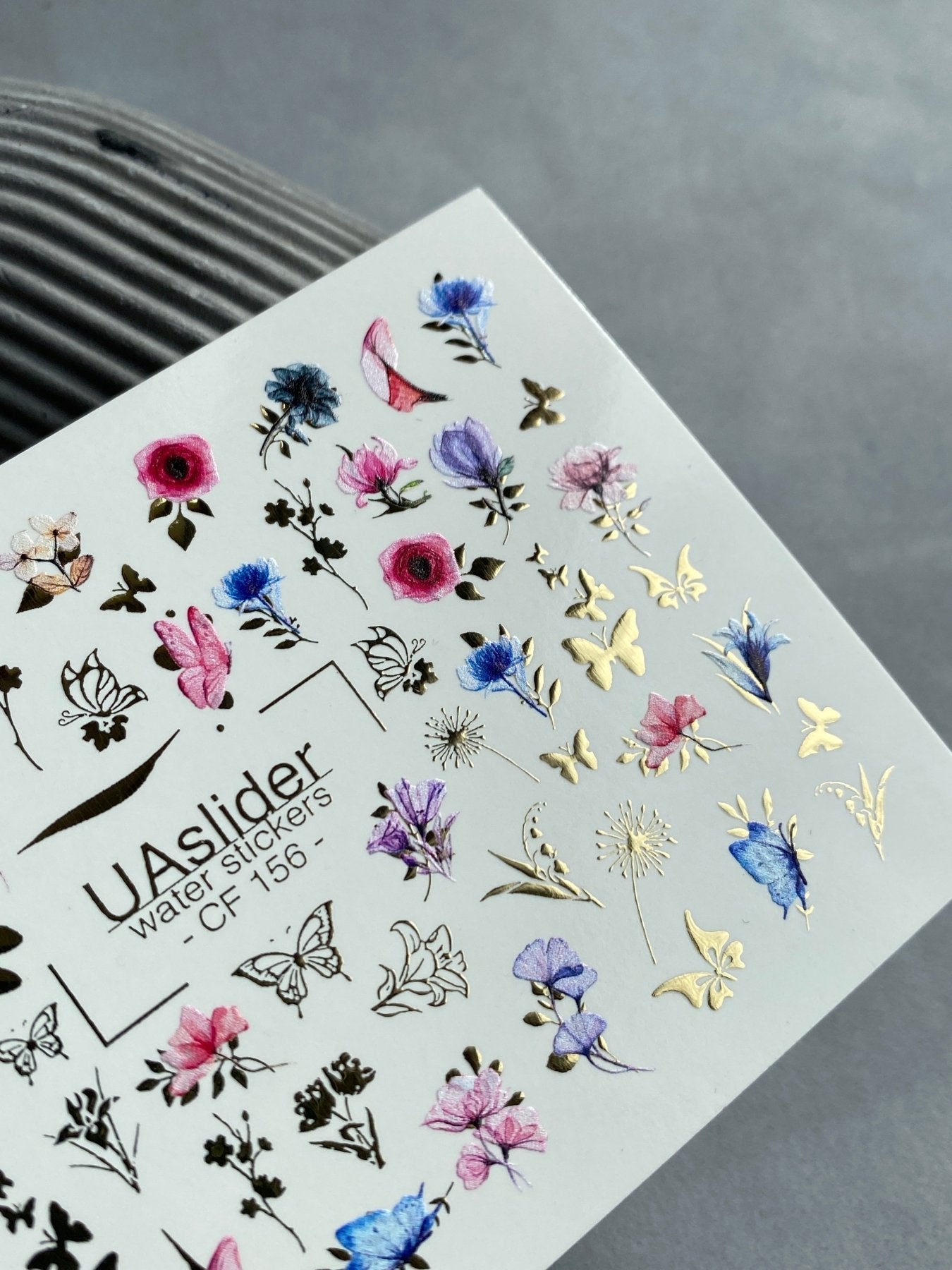 Nail Water Decal CF-156 | Delicate Floral Water Slide Nail Decals | Pink & Blue Flowers with Gold Foil Butterflies - UASLIDER