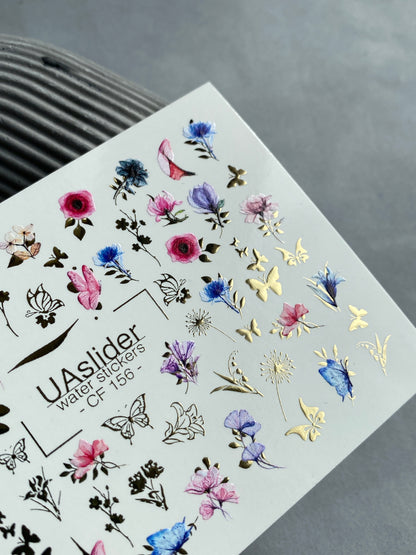 Nail Water Decal CF-156 | Delicate Floral Water Slide Nail Decals | Pink & Blue Flowers with Gold Foil Butterflies
