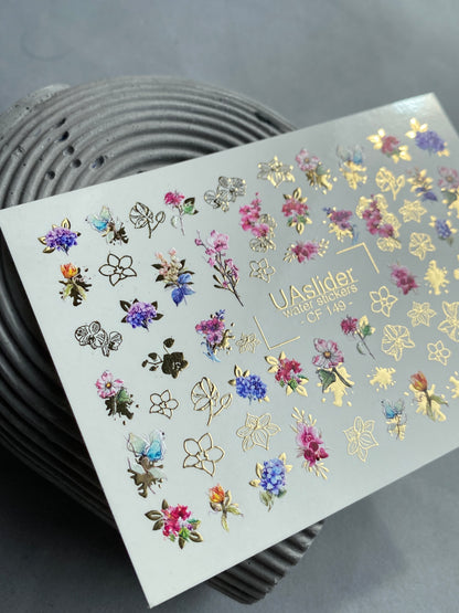 Nail Water Decal CF-149 | Floral Bouquet Water Slide Nail Decals | Colorful Flowers & Gold Foil Outlines