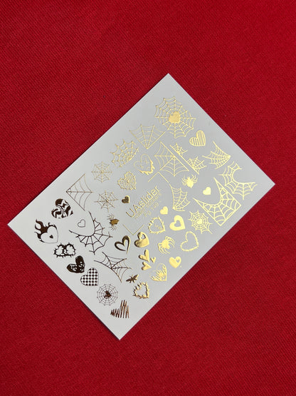 Nálepky na nehty Fg-149 | Vodní nálepky na nehty se zlatými pavučinami a srdíčky | Gotický halloweenský nail art